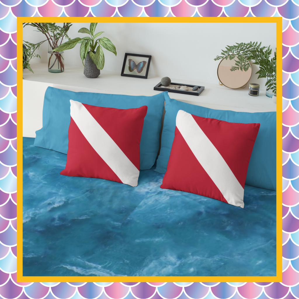 Queen size ocean duvet cover and double Scuba Diver Down Flag Pillows