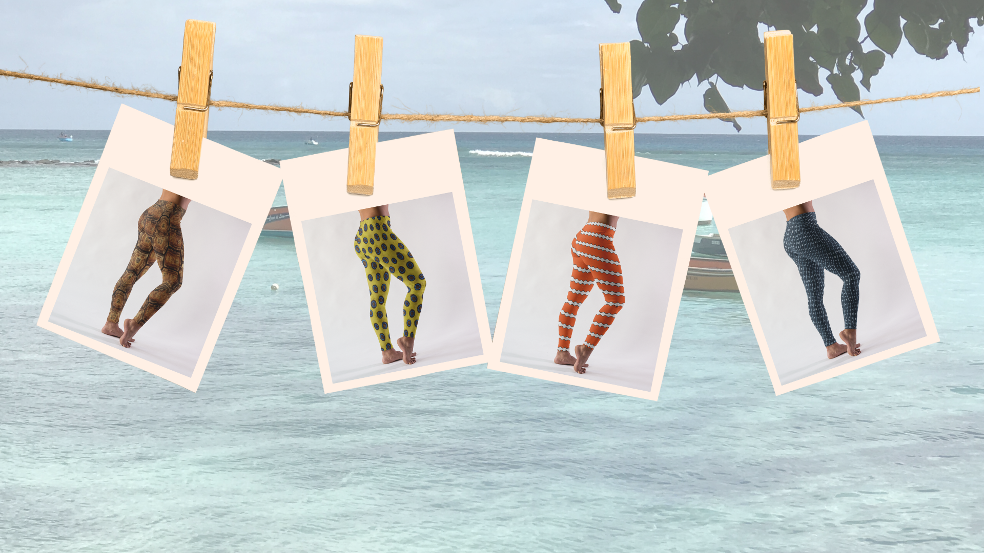 Four Polaroid photos each with a different set of leggings, pinned to a clothesline overlooking the ocean