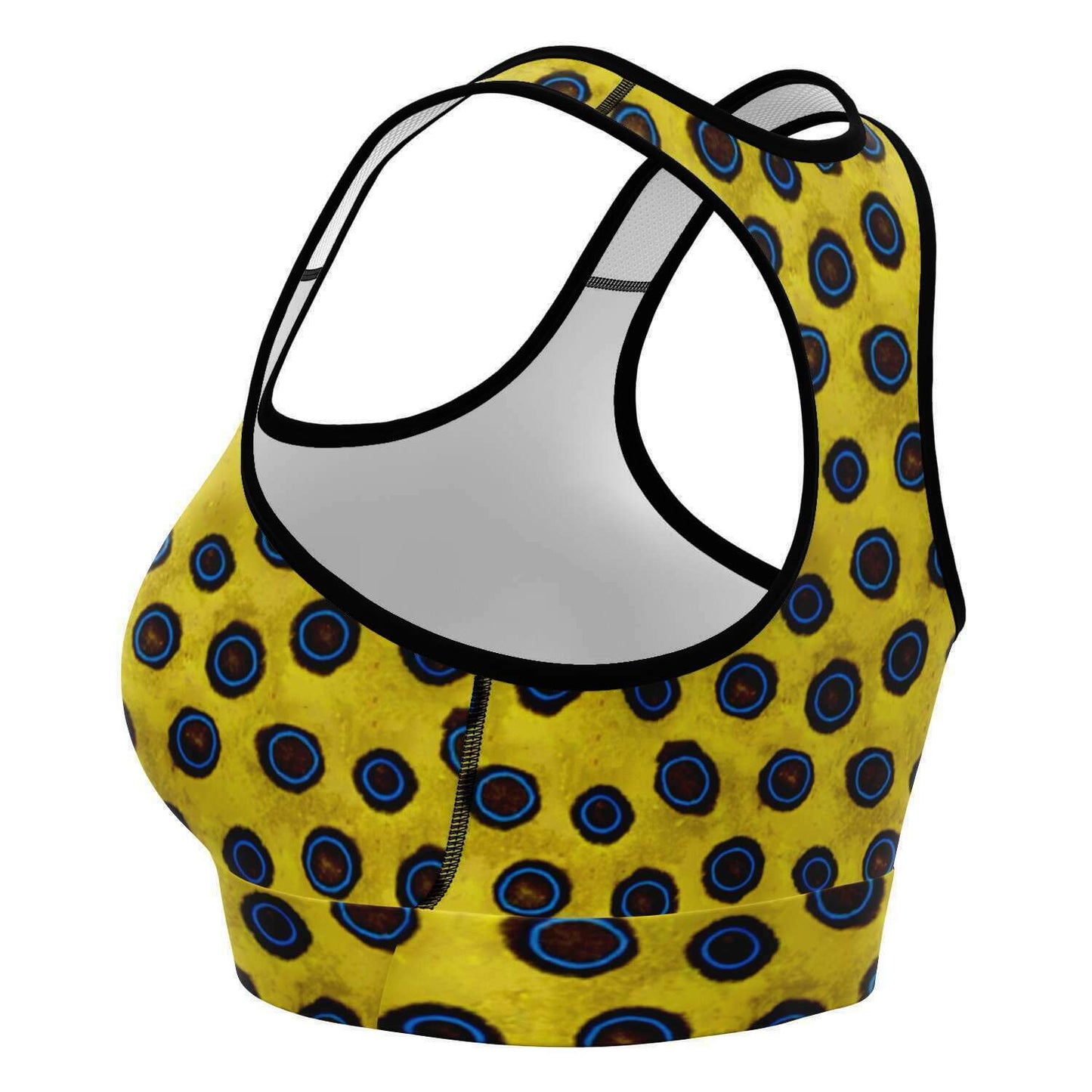 Blue-ringed octopus racer-back crop top / sports bra for any medium impact sport including scuba diving - view from side showing inside of product - no model