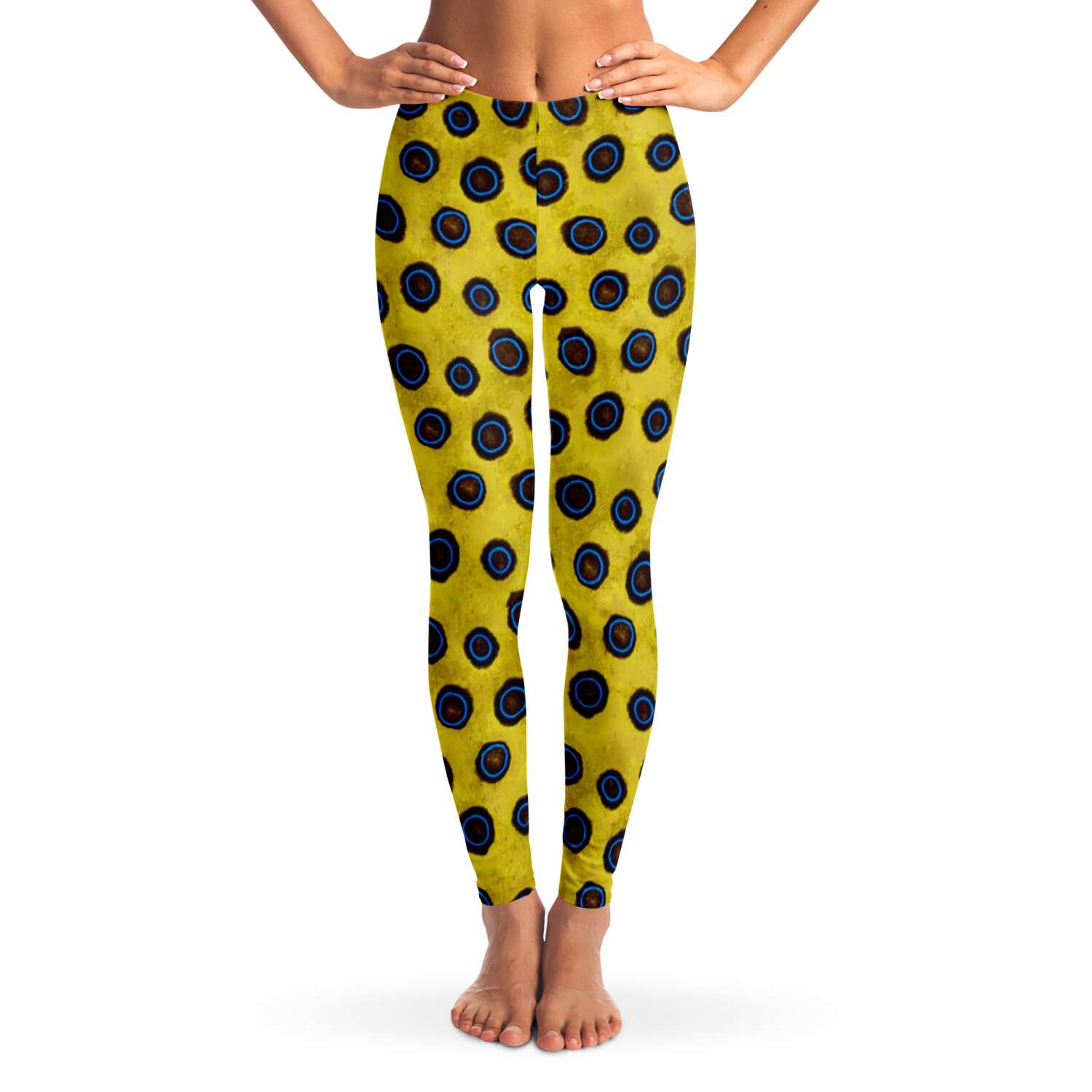 Front view on model of blue-ringed octopus leggings / skins for scuba divers and yoga