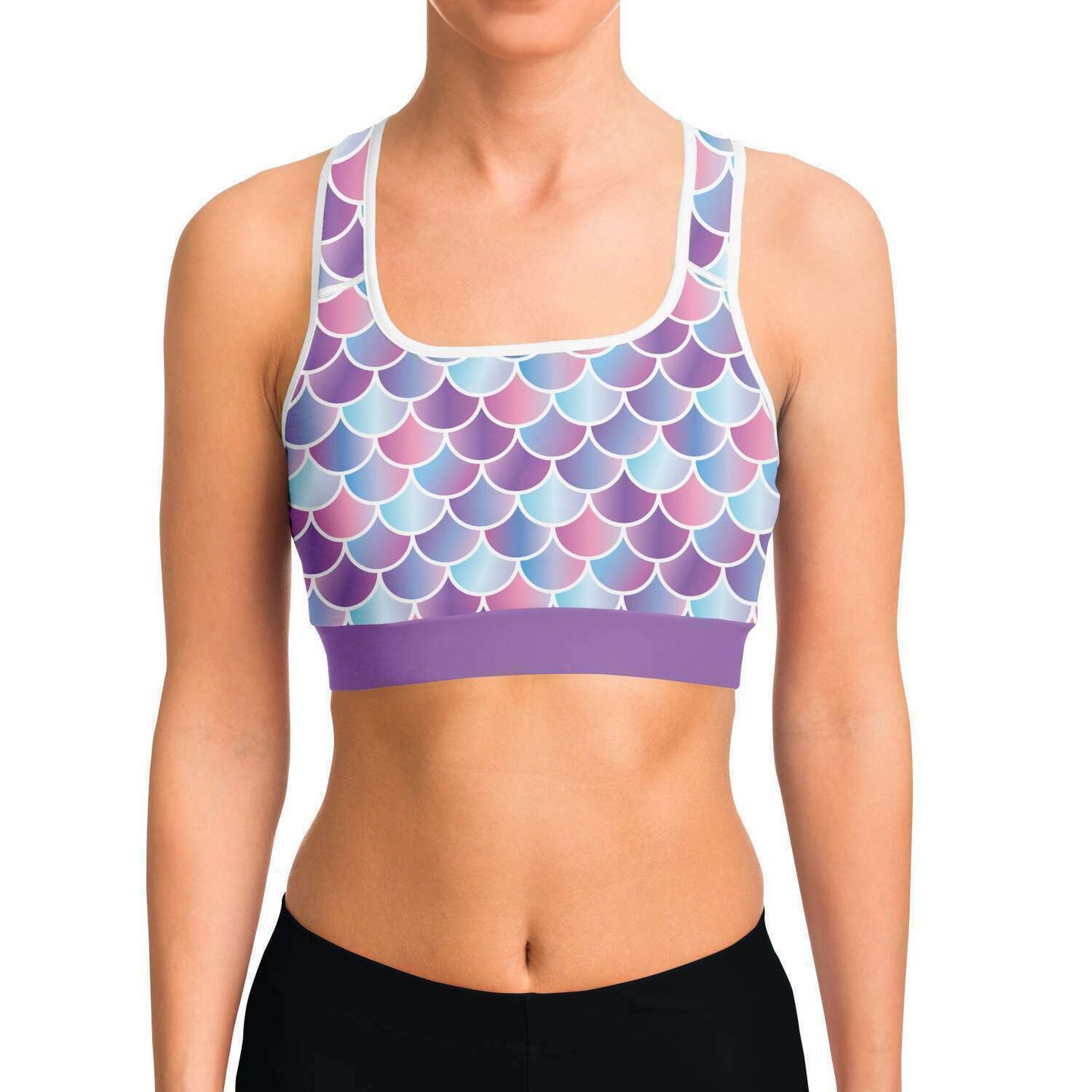 Front view on model of mermaid / merman sports bra crop top in purple for scuba divers and sports