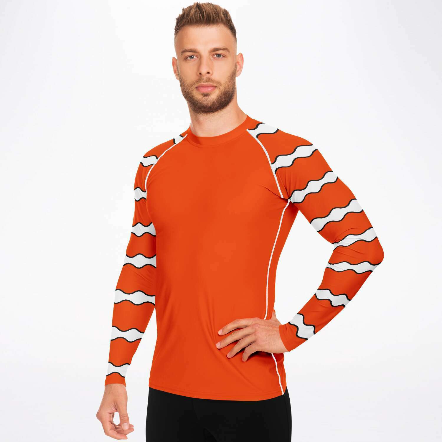 Front / side view of model wearing men’s clownfish rash guard