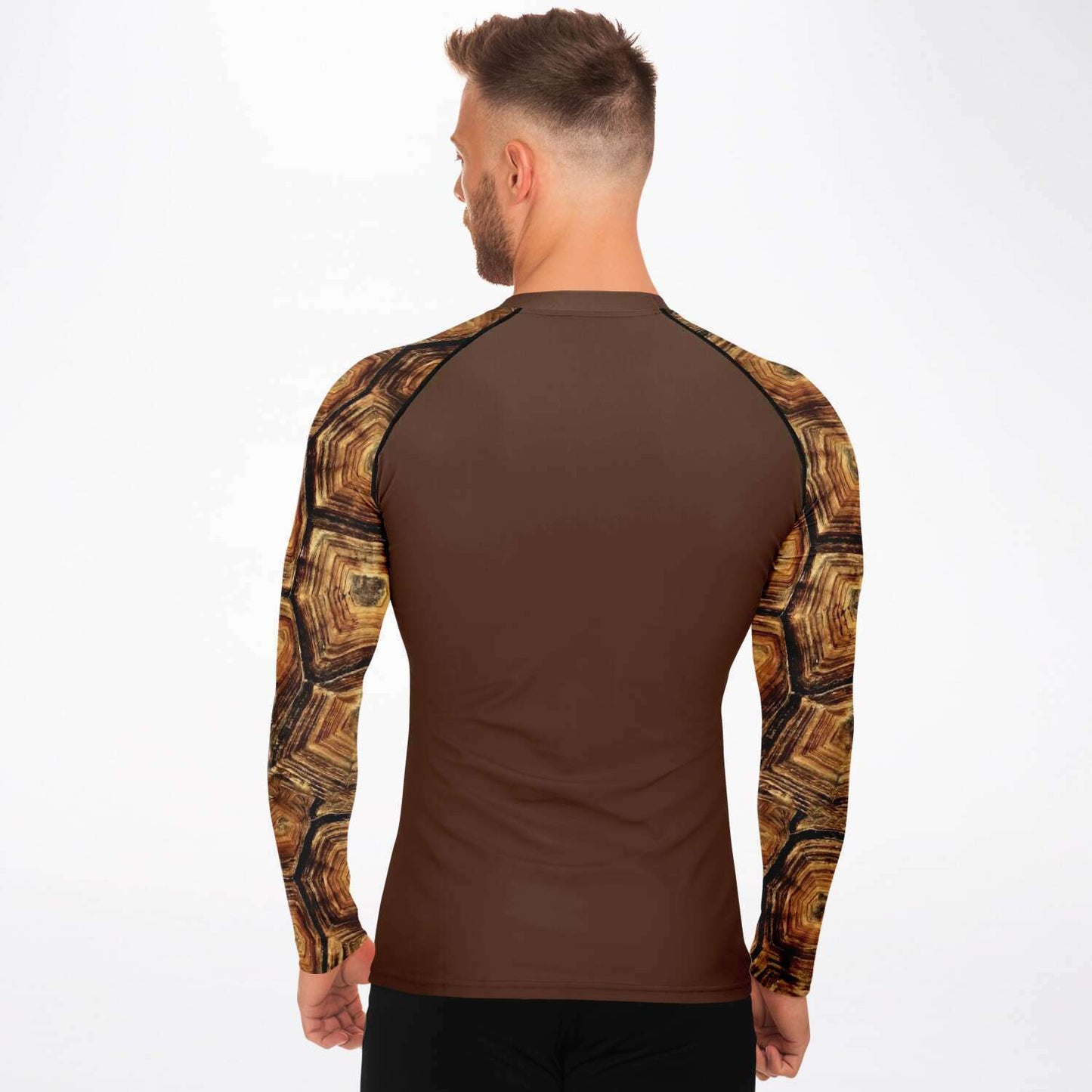 Back view of model wearing men’s turtle rash guard