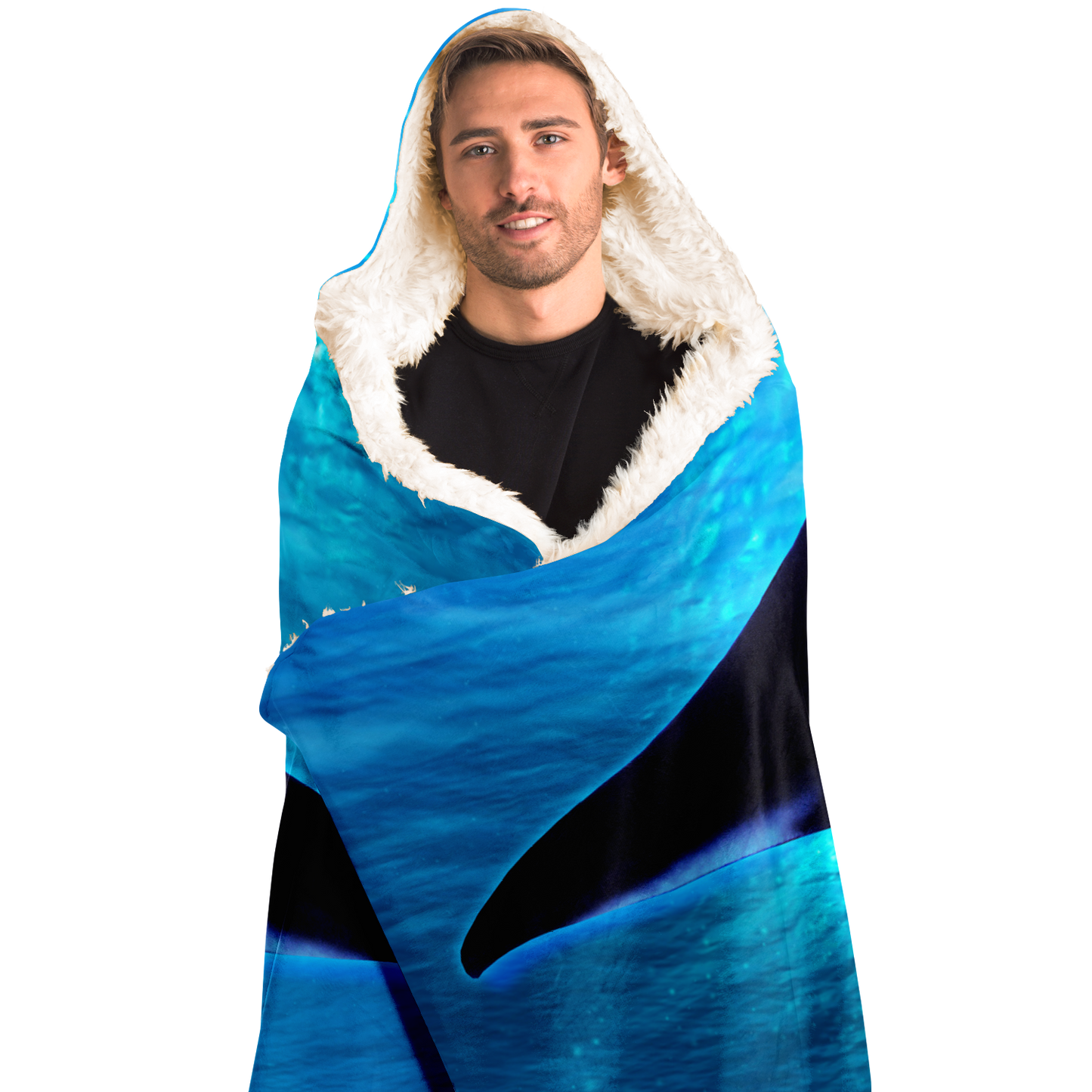Sherpa style manta ray hooded blanket wrapped around front view