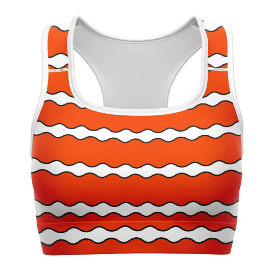 Clownfish racer-back crop top / sports bra front view - for scuba diving, yoga and mid-level intensity sports