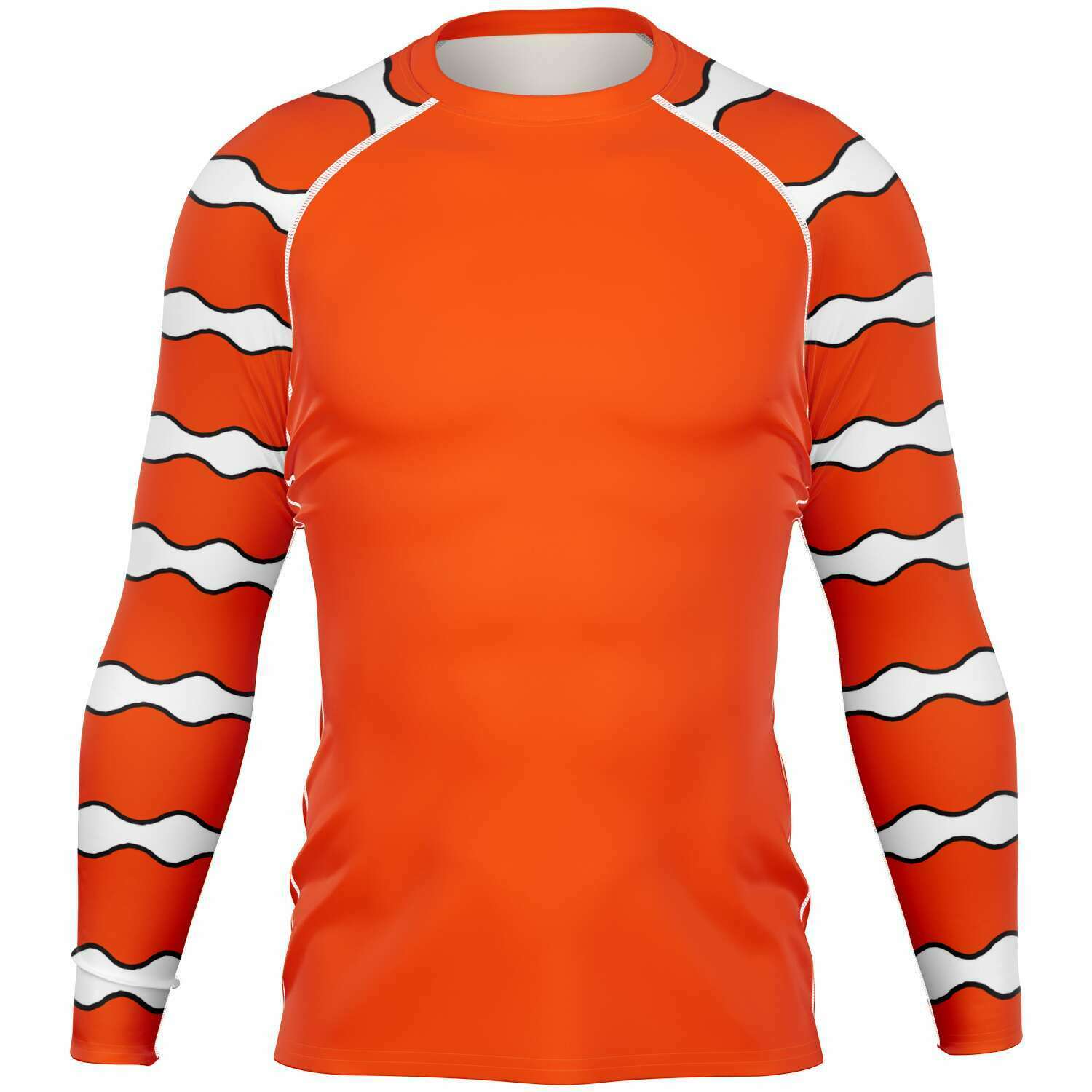 Men’s clownfish rash guard front view for scuba diving, surfing, yoga etc