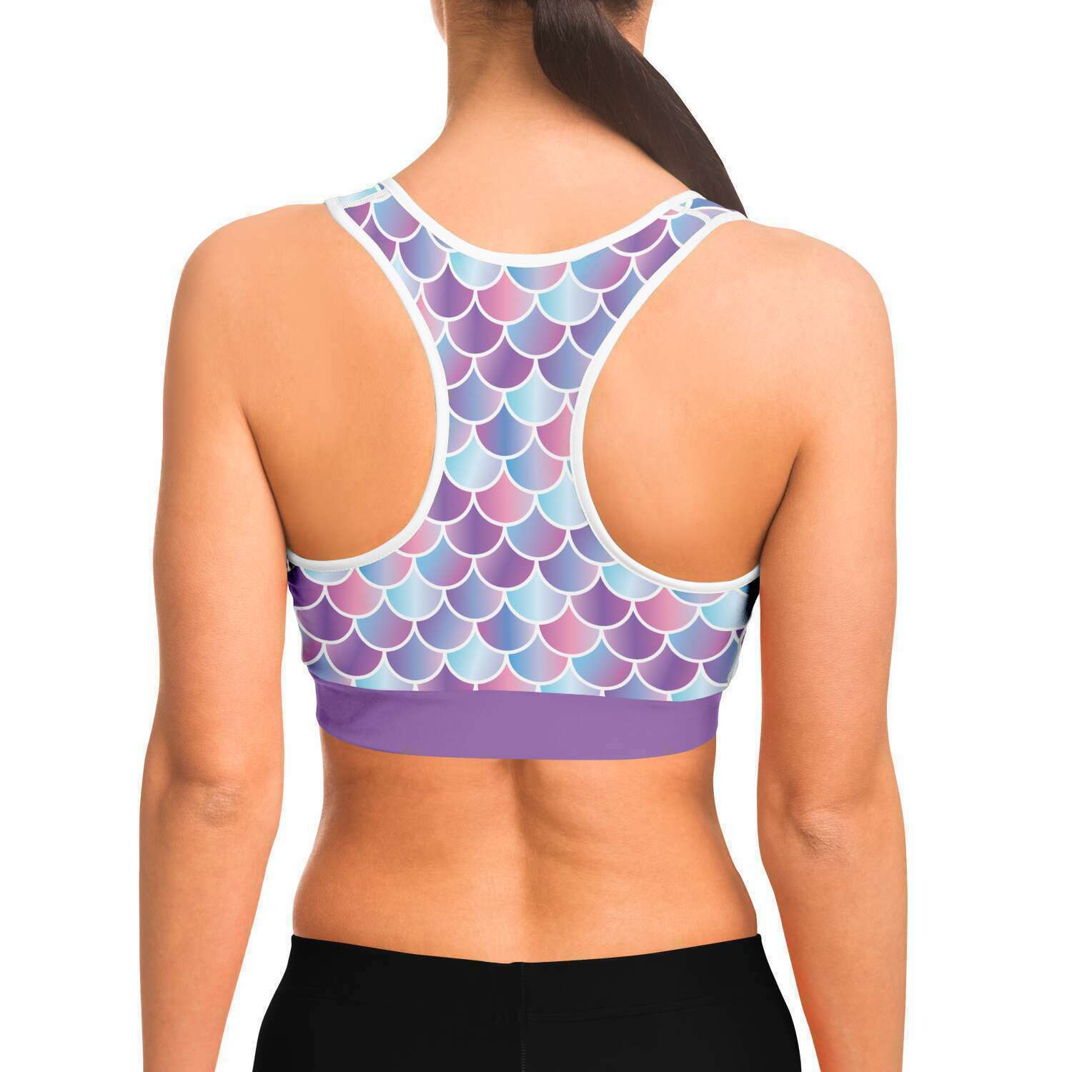 Back view on model of mermaid / merman sports bra crop top for scuba divers and sports