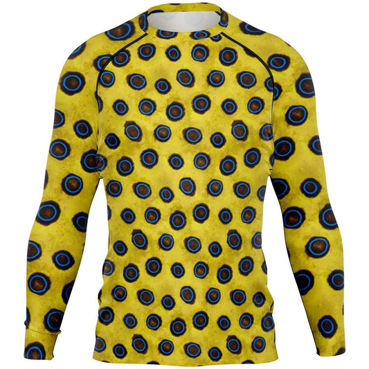 Front view of men’s blue-ringed octopus rash guard for scuba diving, surfing, yoga and more