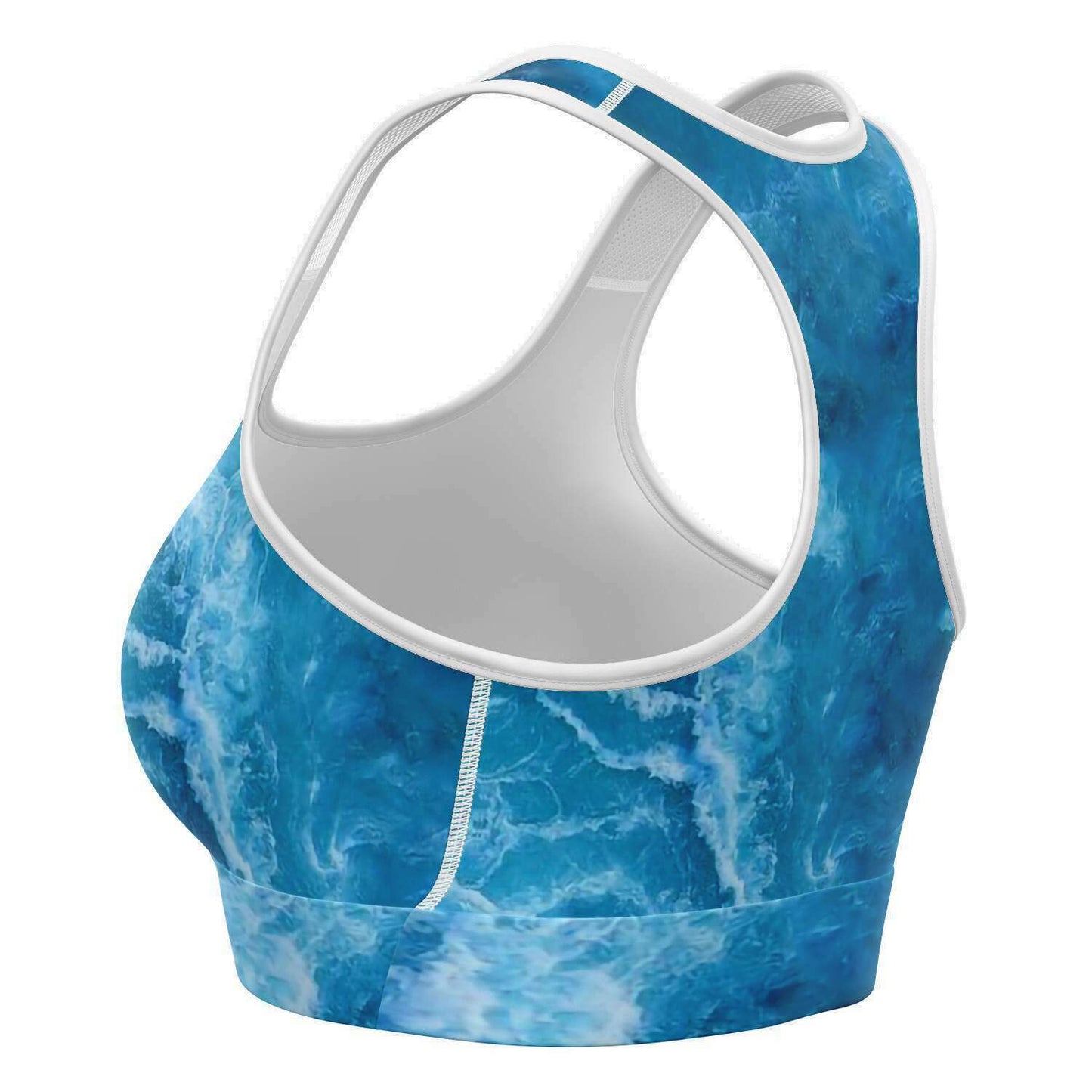 Ocean patterned sports bra crop top side view showing moisture wicking and support for scuba divers yoga and other sports