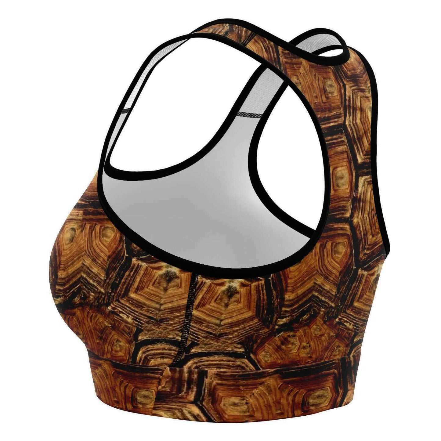 Side and back view to see inside with double-support and moisture wicking for the turtle racer-back crop top / sports bra