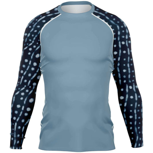Men’s whale shark rash guard front view for scuba diving, surfing, yoga and more