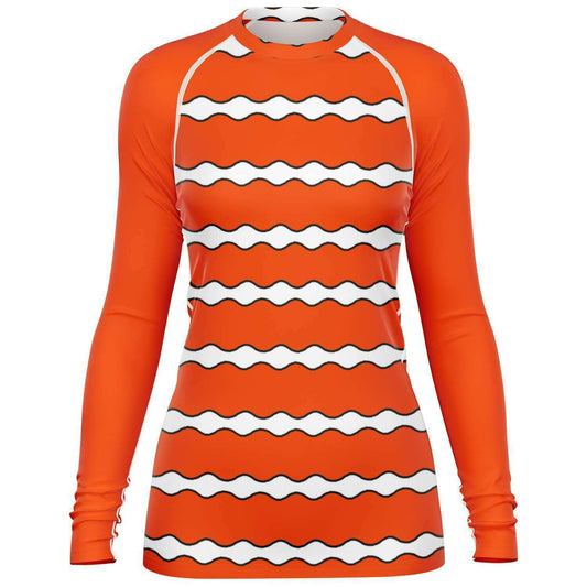 Women’s clownfish rash guard front view, for scuba diving, surfing, yoga and more