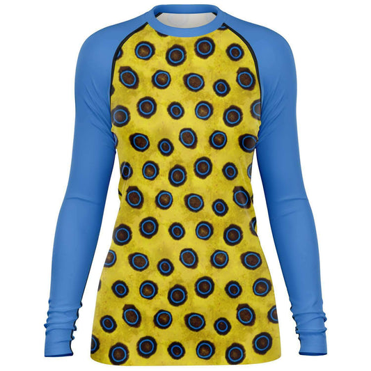 Front view of women’s blue-ringed octopus rash guard for scuba diving, surfing, yoga etc