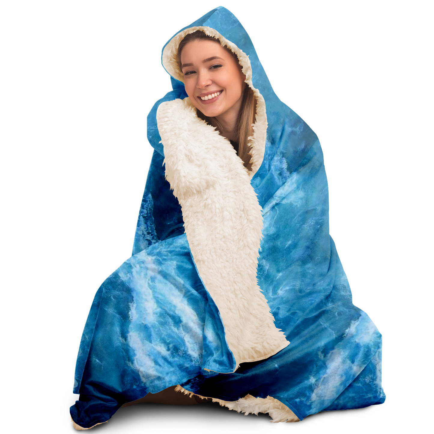 Ocean hooded blanket sherpa-style seated view