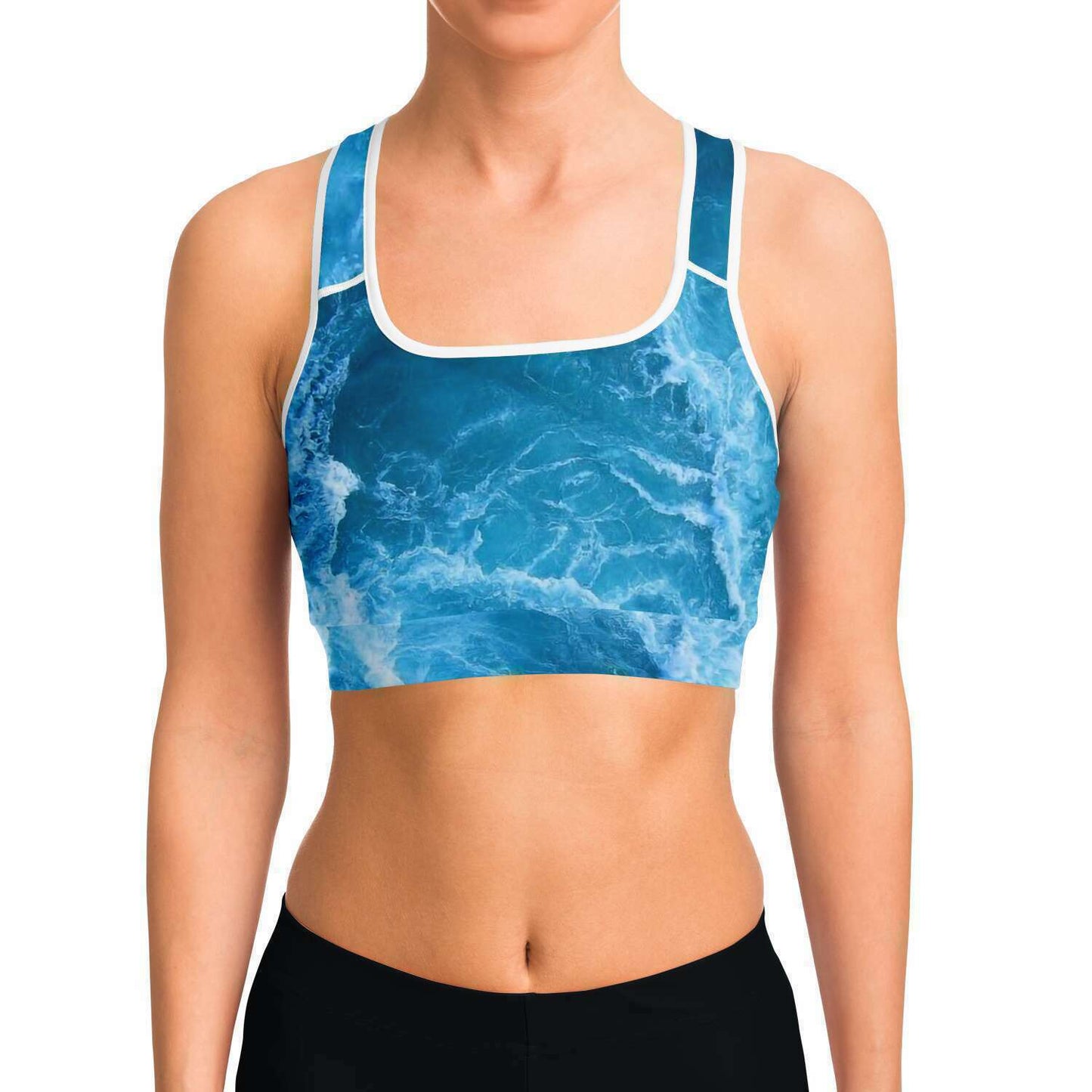 Ocean crop top sports bra front view on model for scuba divers yoga and other sports