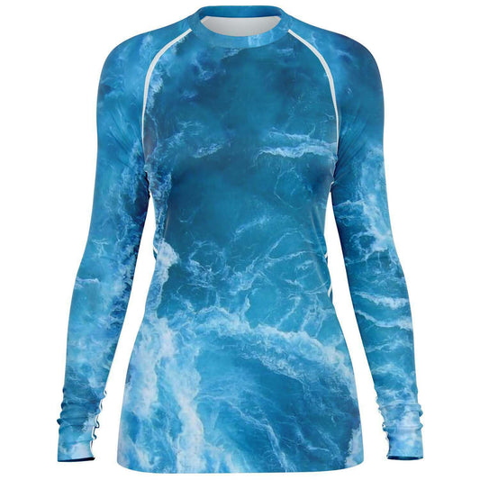 Front view of scuba diving rash guard vest with ocean print