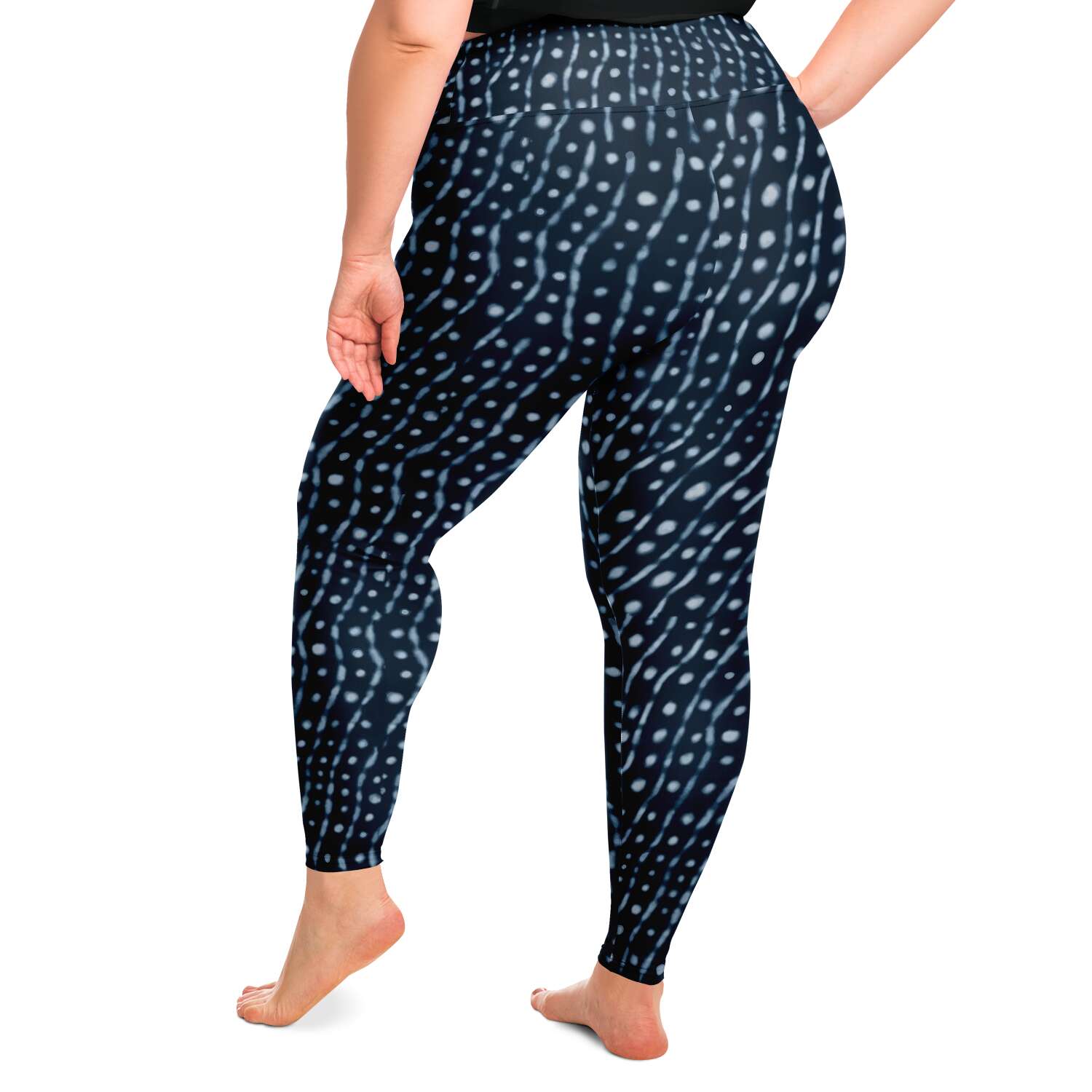 Back and side view of model wearing whale shark leggings / skins plus size
