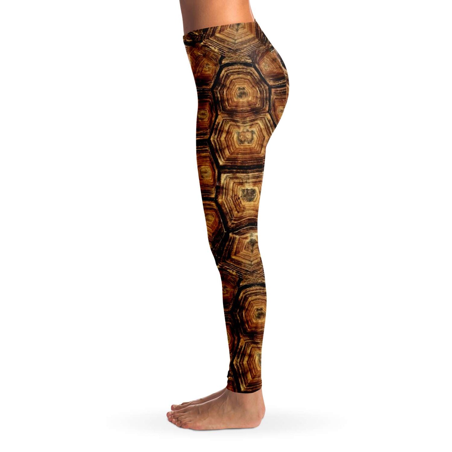 Side view on model of turtle leggings / skins for scuba diving, yoga and other sports