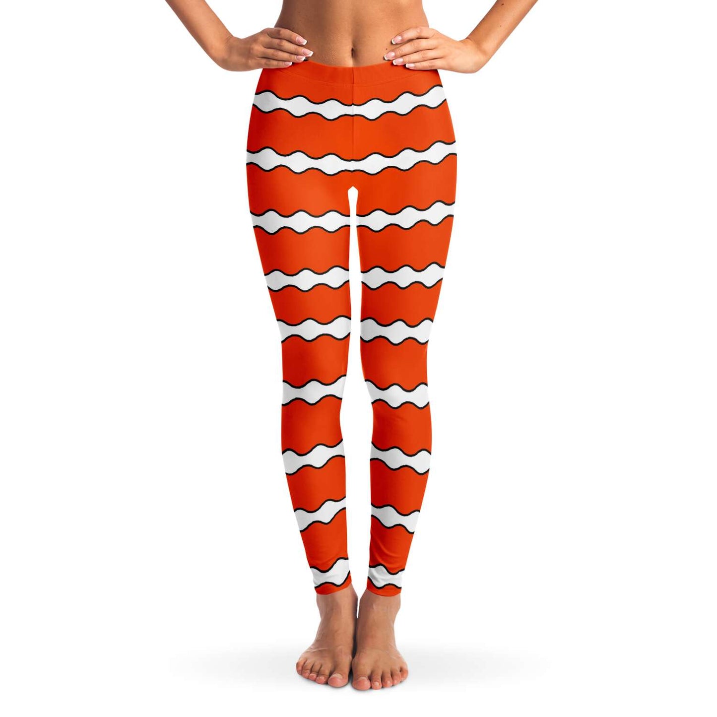 Clownfish leggings front view on model - for scuba diving skins and yoga