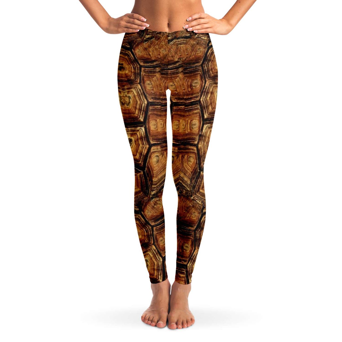 Front view of turtle leggings / skins on model