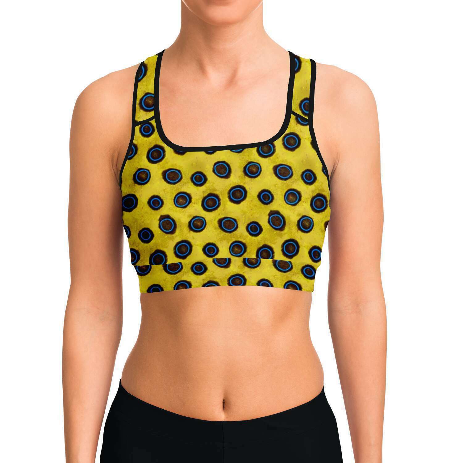 Front view with model of Blue-ringed octopus racer-back crop top / sports bra for any medium impact sport including scuba diving