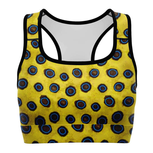 Blue-ringed octopus racer-back crop top / sports bra for any medium impact sport including scuba diving - front view
