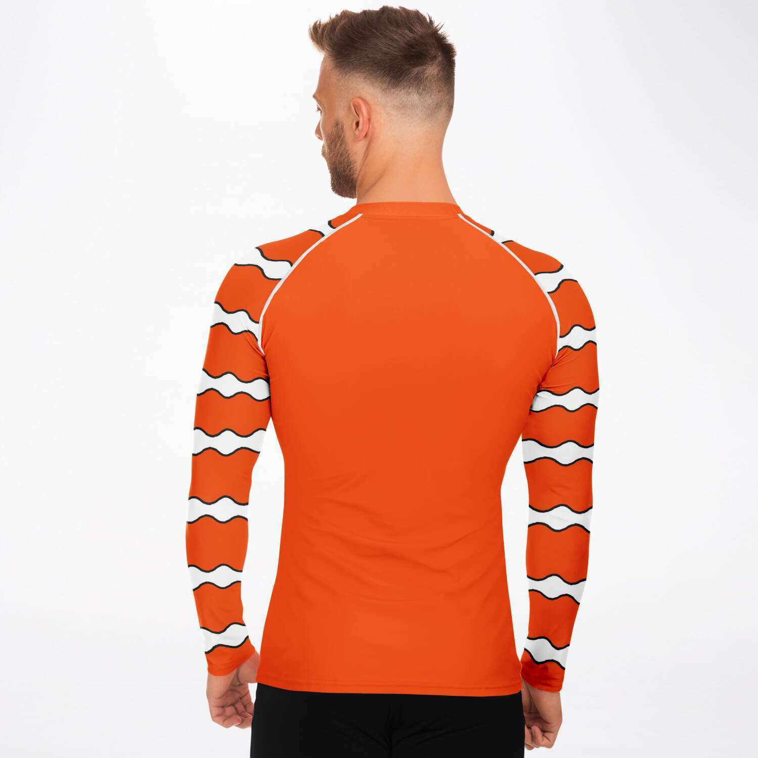 Back view of model wearing men’s clownfish rash guard