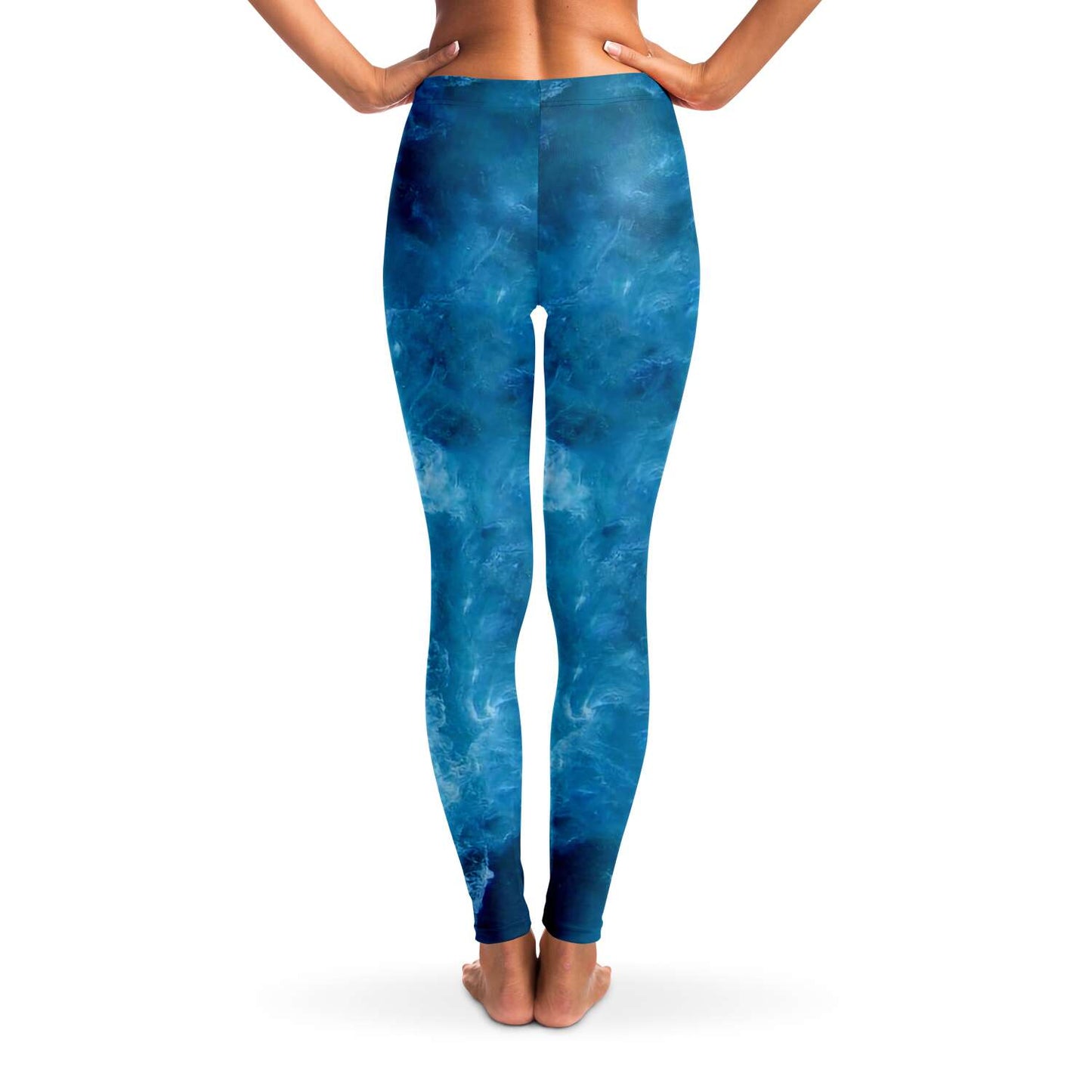 Ocean print scuba diving and yoga leggings back view with model