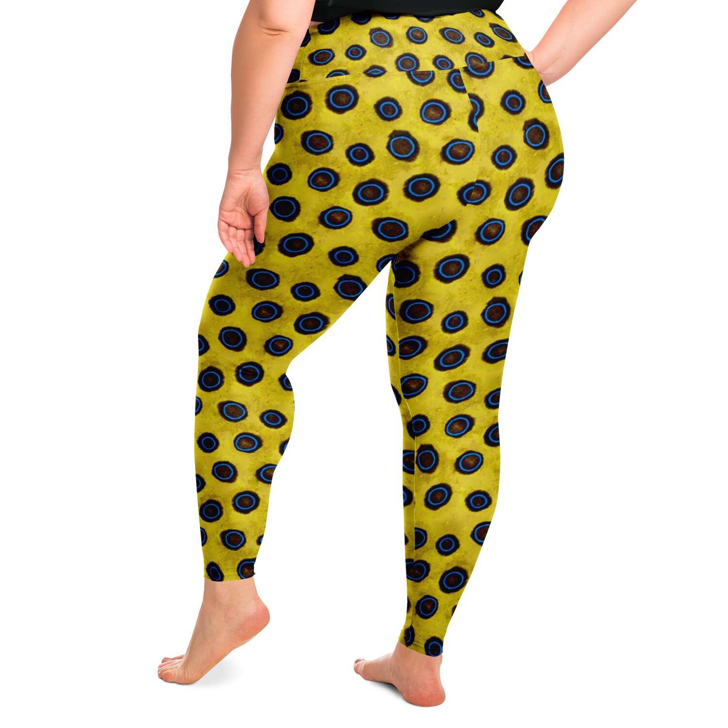 Blue-ringed octopus leggings - plus size on model with side back view for scuba diving and yoga