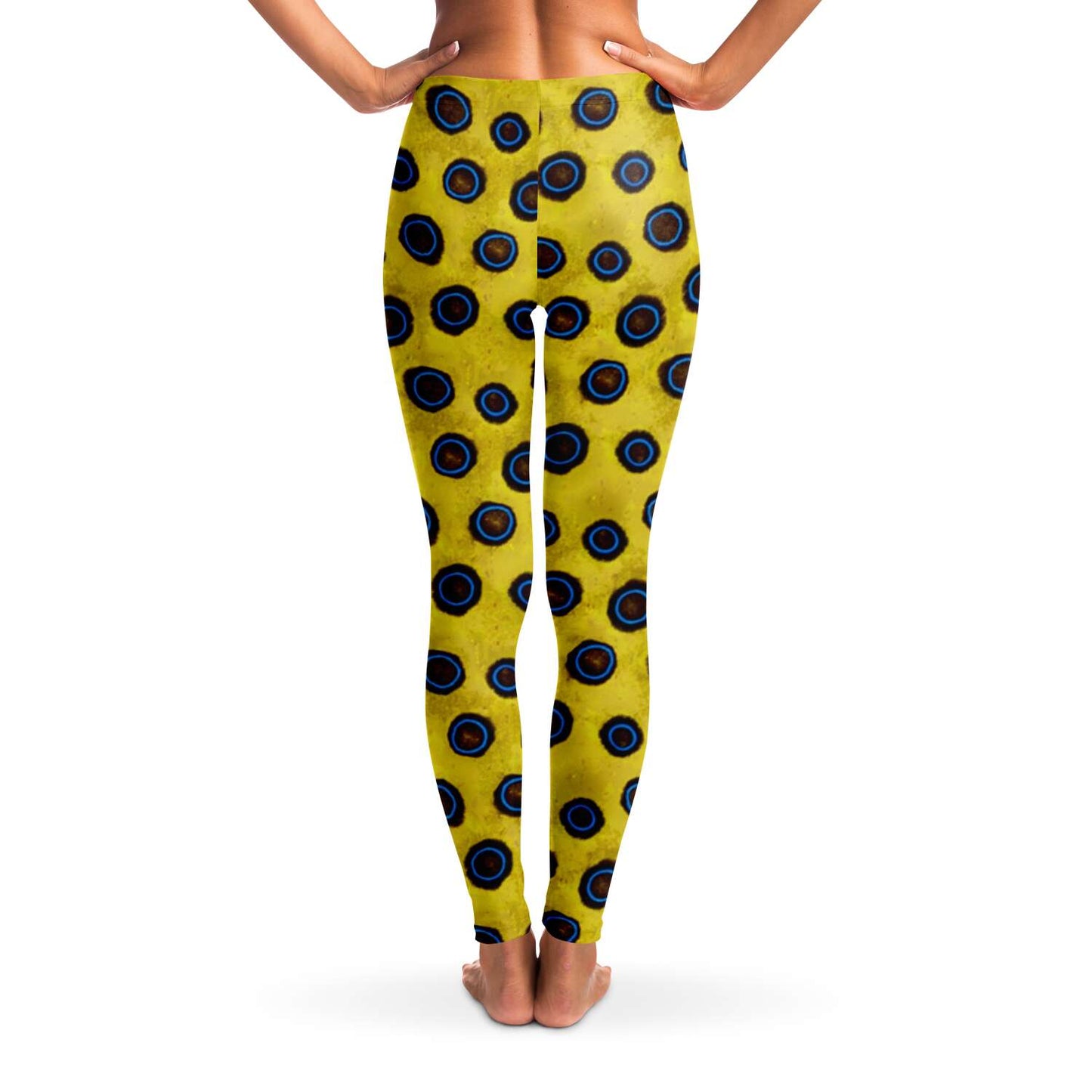 Back view on model of blue-ringed octopus leggings for scuba diving, yoga and running