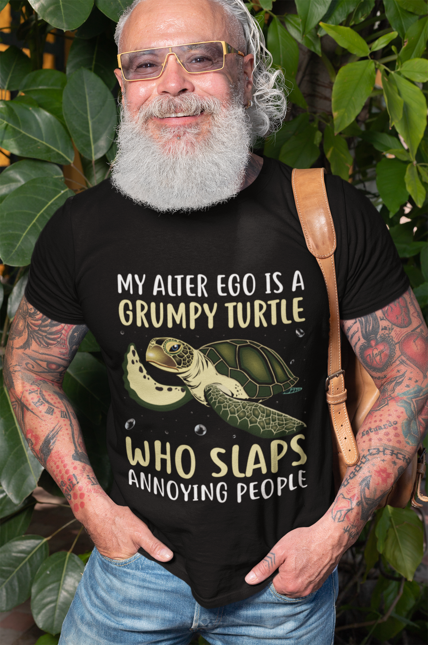 My alter ego is a grumpy turtle who slaps annoying people black tshirt worn by bearded man with glasses