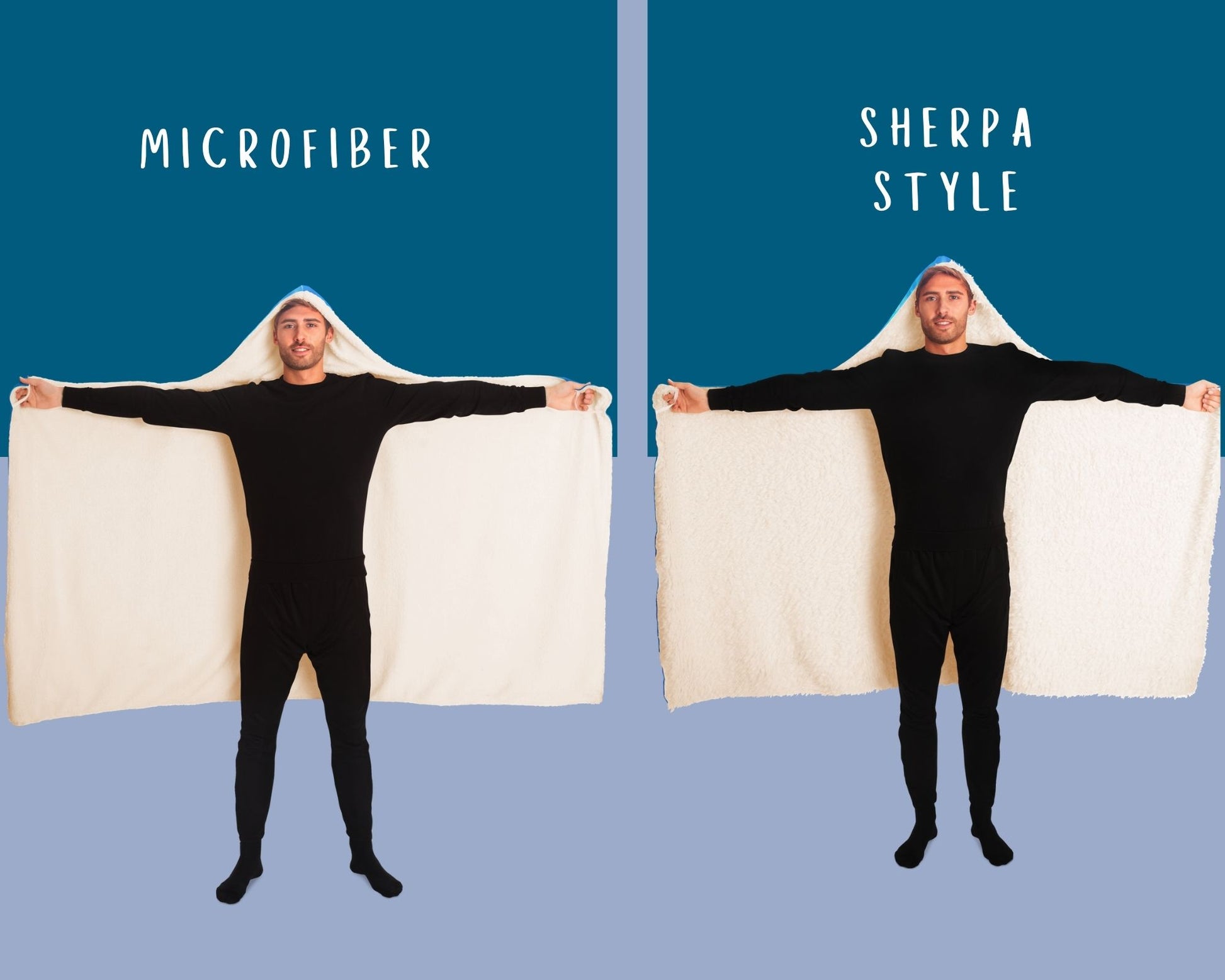 Microfiber and Sherpa style wool comparison of manta ray hooded blanket