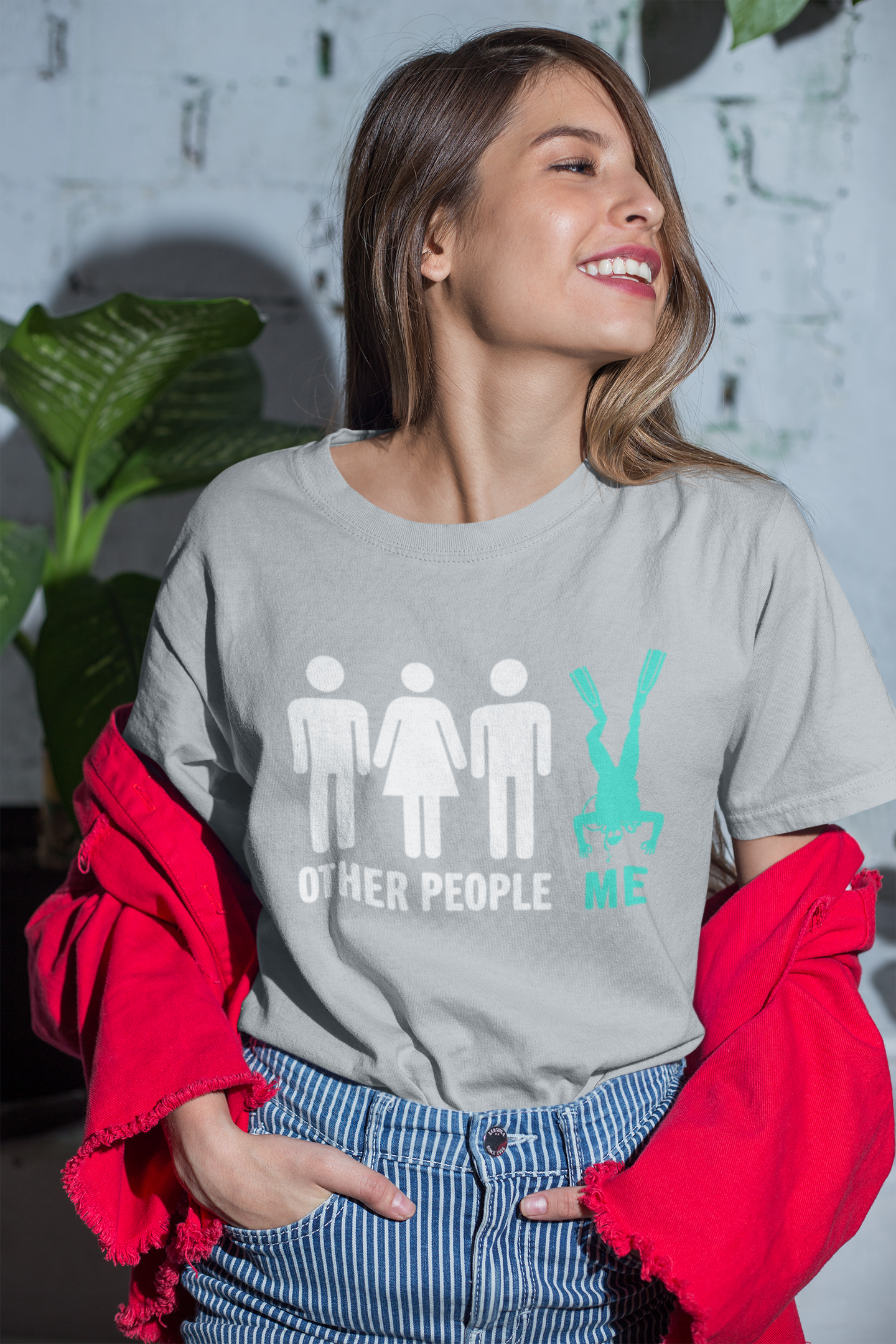 Other people Me scuba diving novelty t-shirt worn by smiling woman