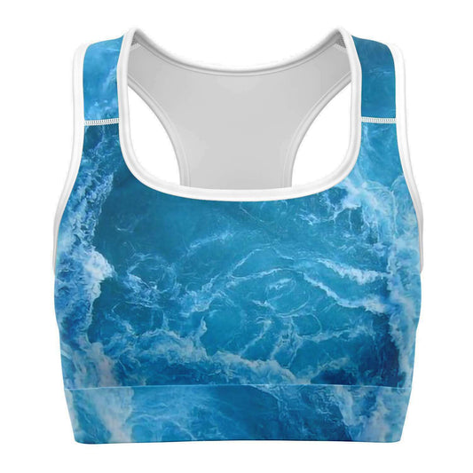 Ocean patterned crop top sports bra for scuba divers, yoga and other sports - front view with no model
