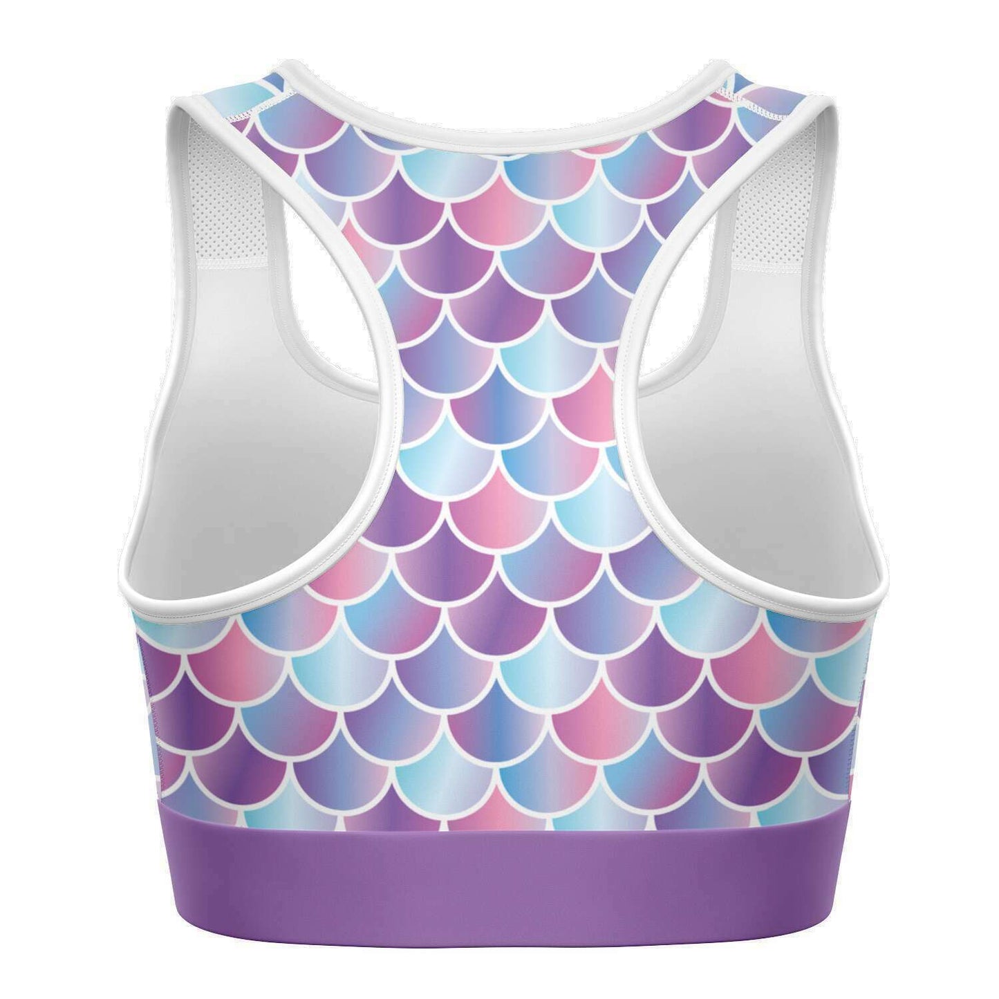 Back view of mermaid / merman sports bra racer back crop top showing moisture wicking and support for scuba divers and sports