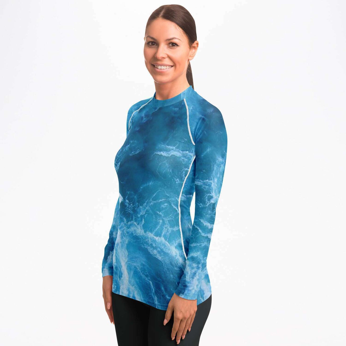 Ocean print scuba diving rash guard vest side and front view on model