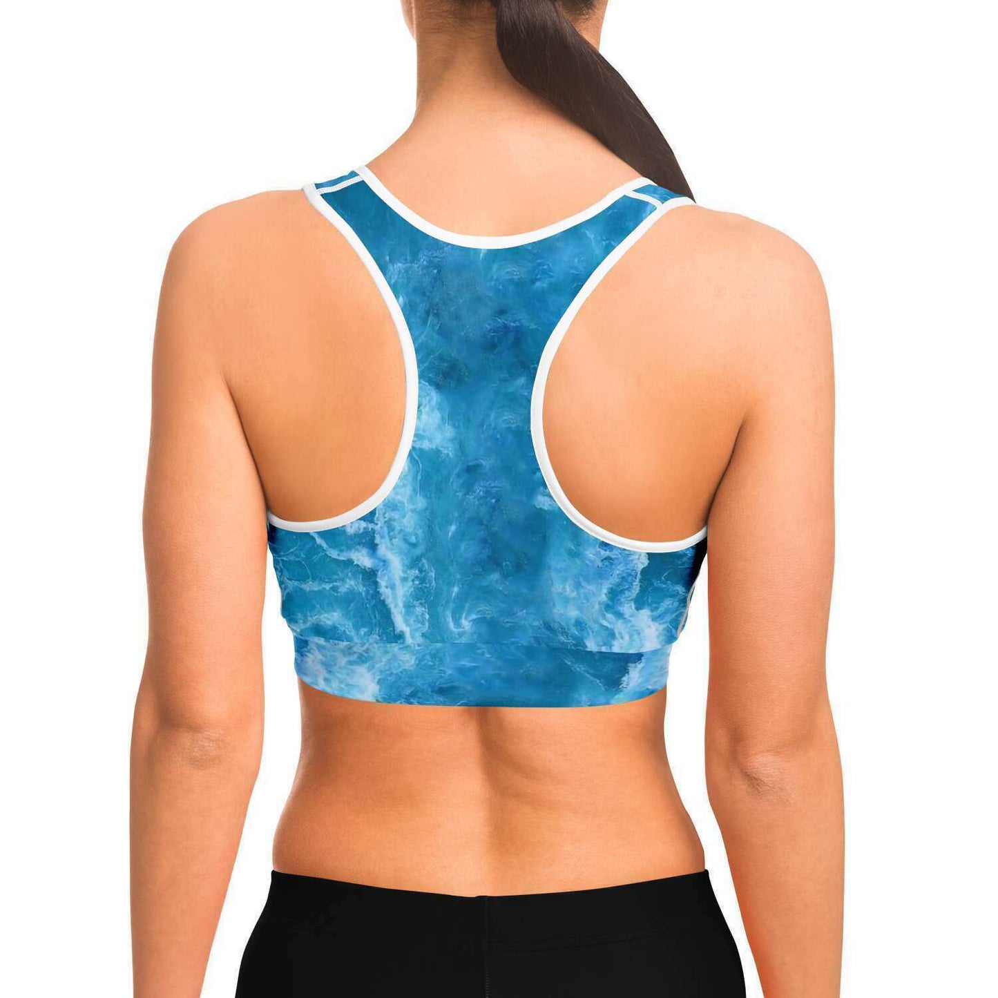 Ocean crop top sports bra back view on model for scuba divers, yoga and other sports