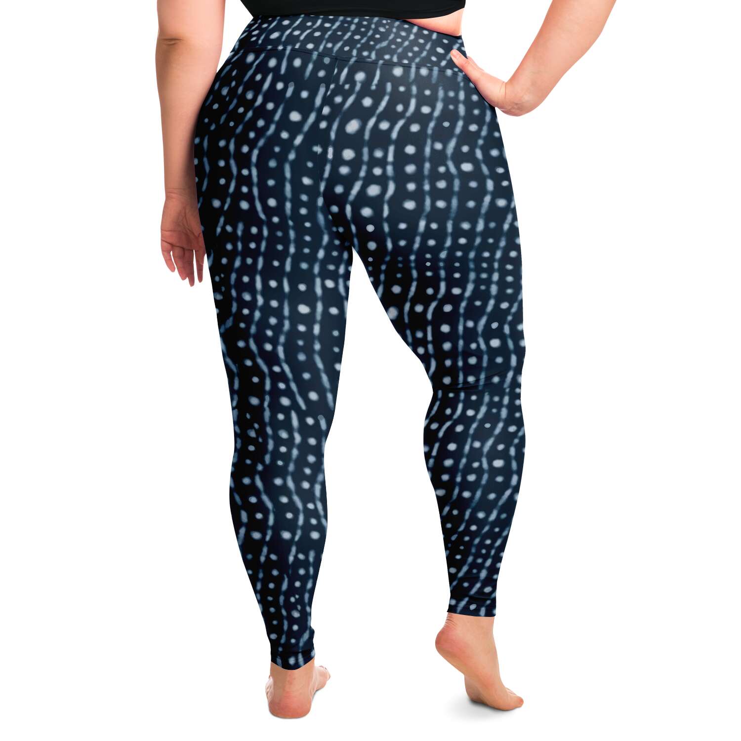 Back view of model wearing whale shark leggings / skins plus size for scuba diving and yoga