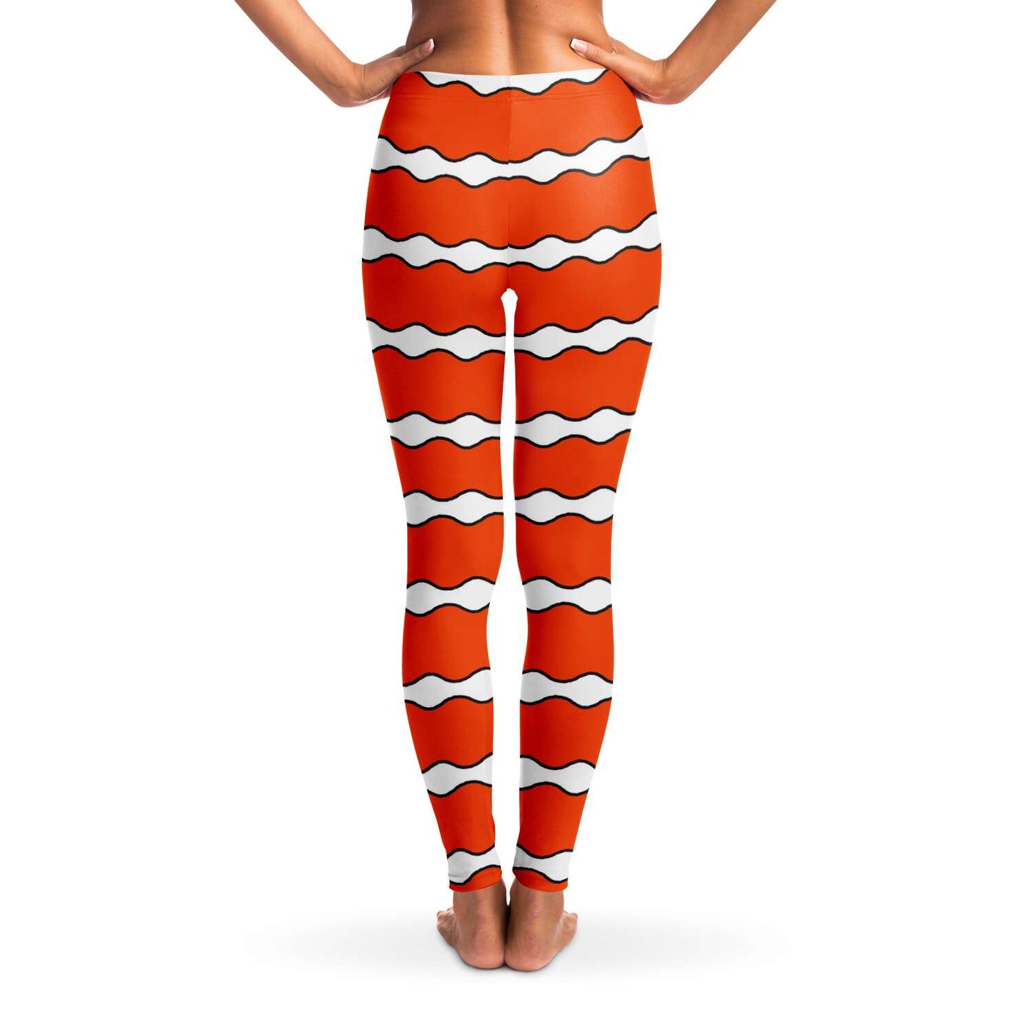 Back view on model of clownfish leggings / skins for scuba diving, yoga and other sports