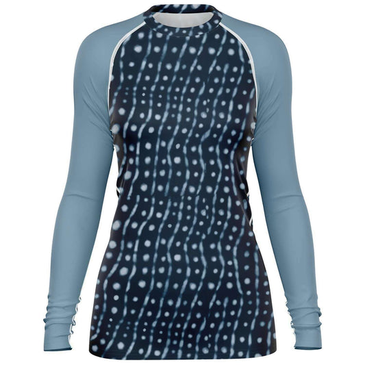 Women’s whale shark rash guard front view for scuba diving, surfing, yoga and more