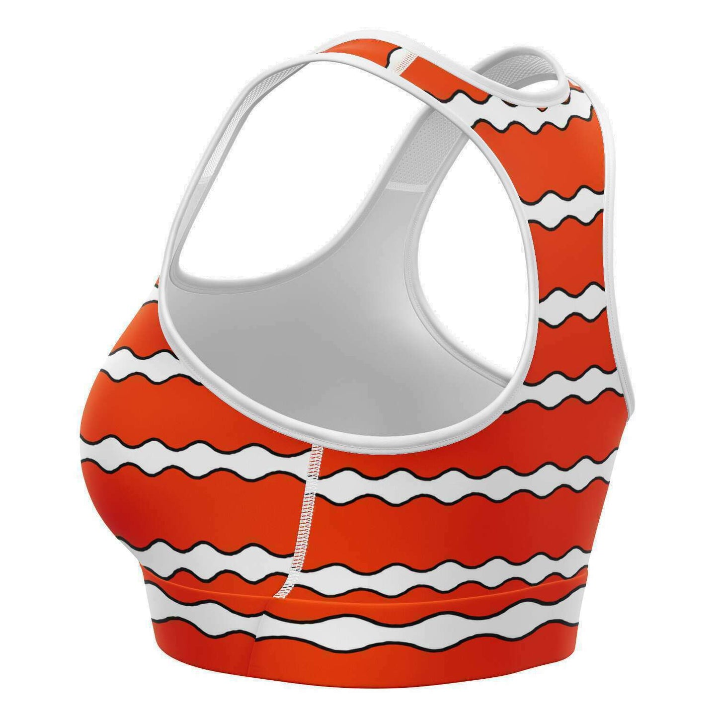 Clownfish racer-back crop top / sports bra back and side view to see inside with moisture wicking