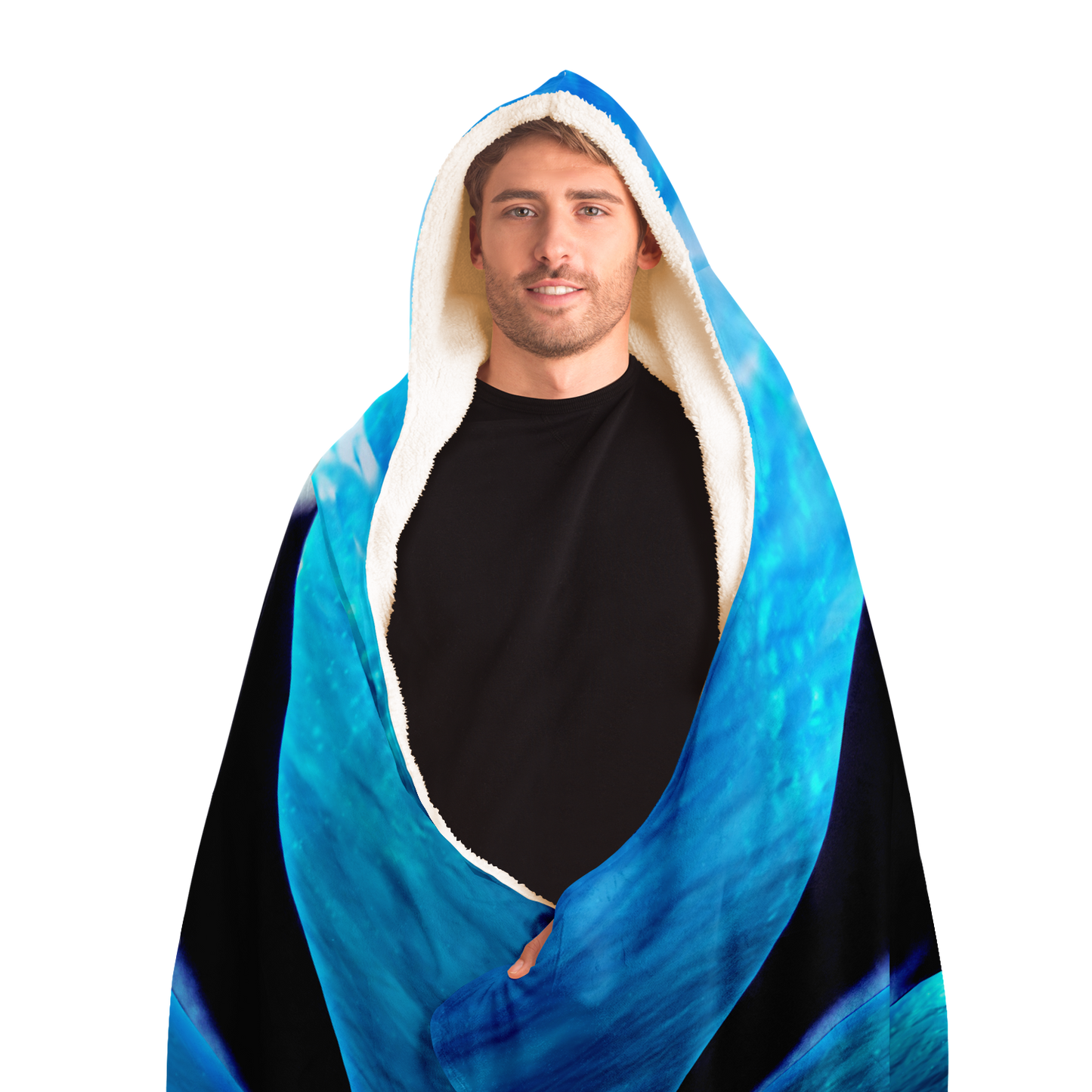 Manta ray microfiber hooded blanket wrapped around front view