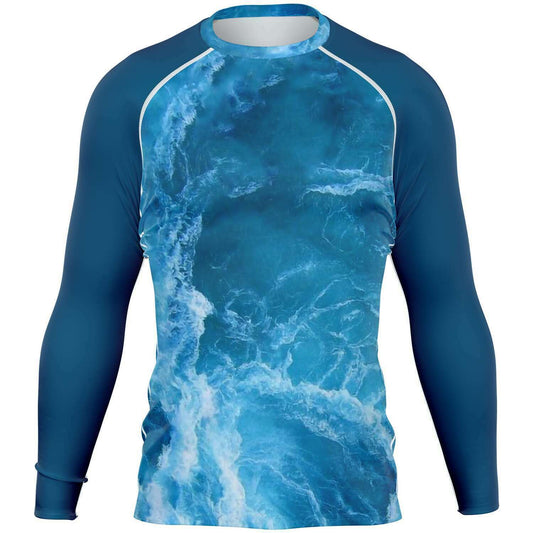 Front view of ocean patterned scuba diving rash guard with blue sleeves for men