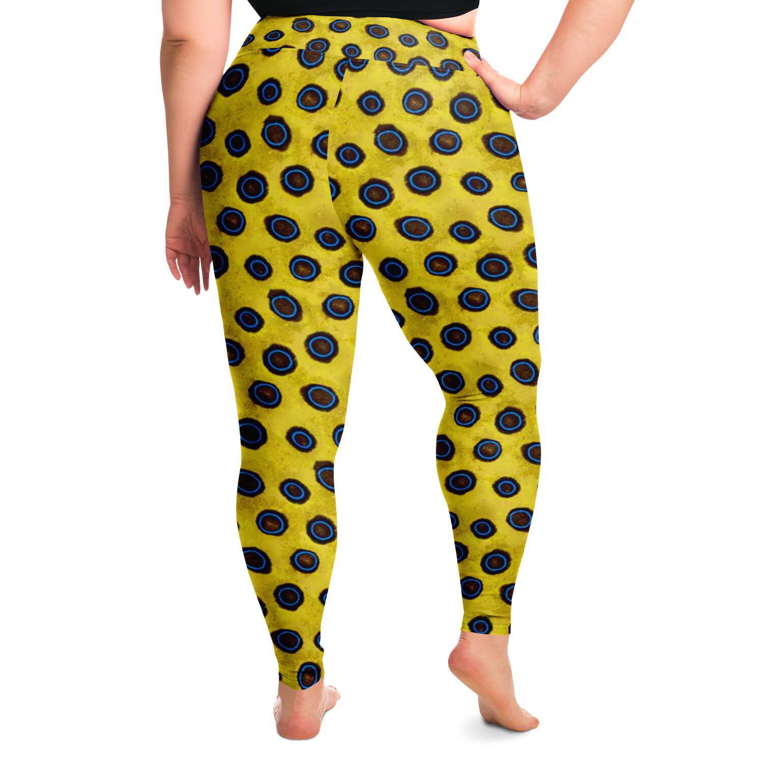 Blue-ringed octopus leggings on model for back view for scuba diving and yoga