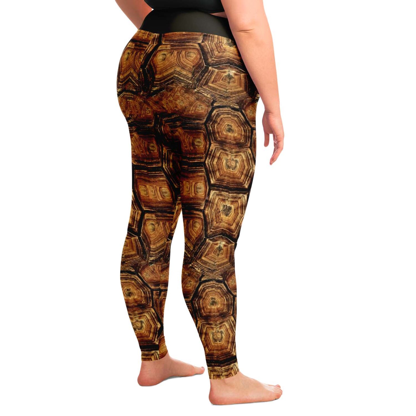 Side view of model wearing turtle leggings / skins plus size for scuba diving, yoga and sports