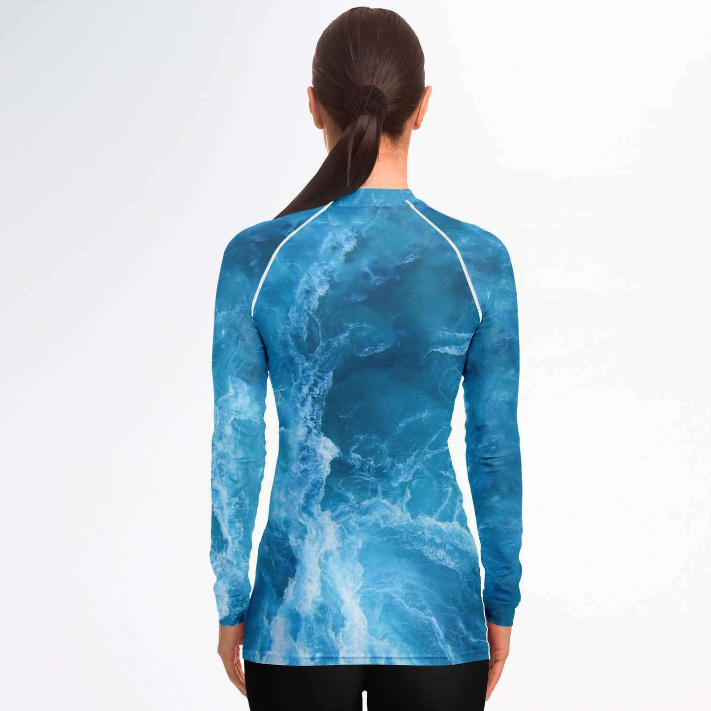 Ocean print scuba diving rash guard vest back view on model