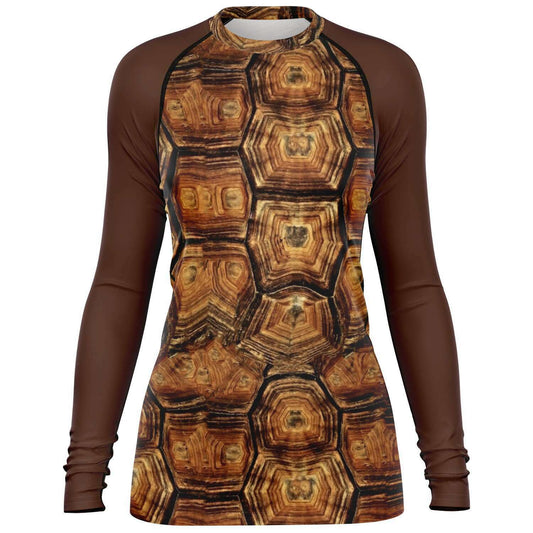 Front view of women’s turtle rash guard for scuba diving, surfing, yoga etc