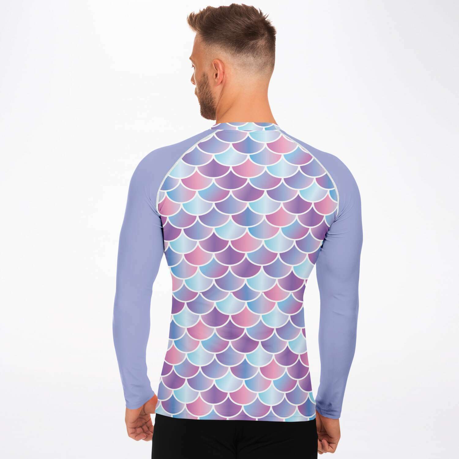 Men’s scuba diving rash guard with mermaid / merman pattern and purple sleeves back view on model