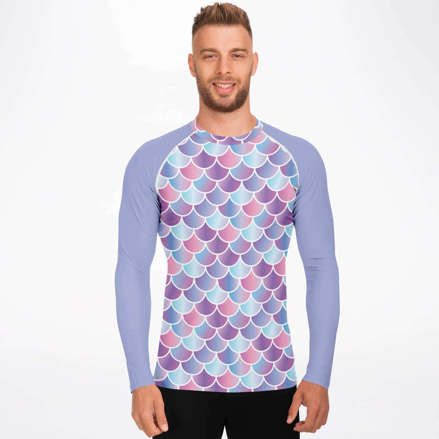 Men’s scuba diving mermaid / merman rash guard with purple sleeves on male model