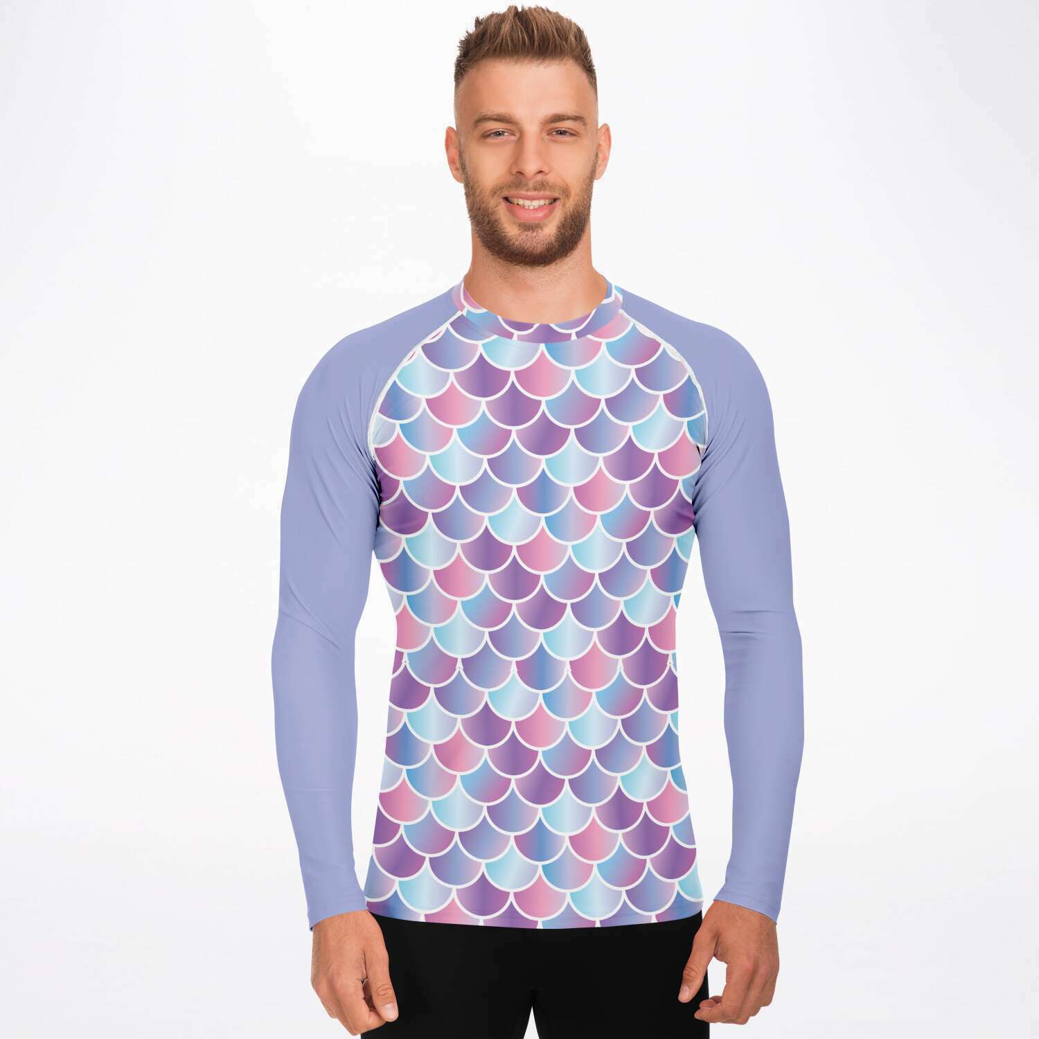 Men’s scuba diving mermaid / merman rash guard with purple sleeves on male model